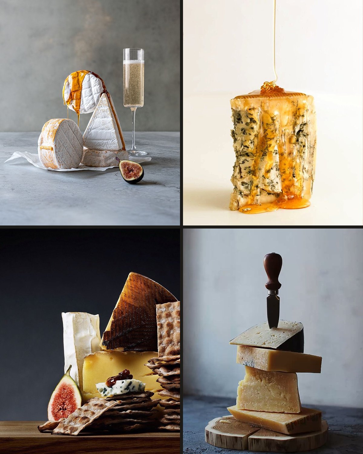 A collage of French cheeses: camembert with honey and champagne, blue cheese with honey, cheeses with crackers and fig, and a tower of aged cheese